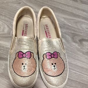 Skechers Limited Edition Gold Slip-On Shoes with Bear Design